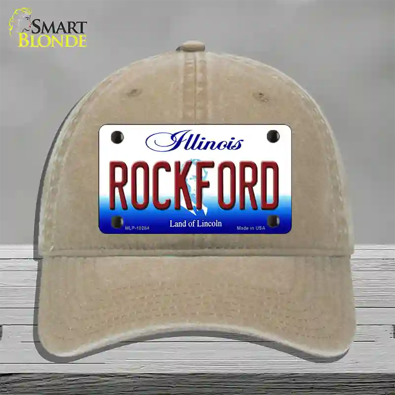 Rockford Illinois Novelty License Plate Hat Unconstructed Cotton / Khaki