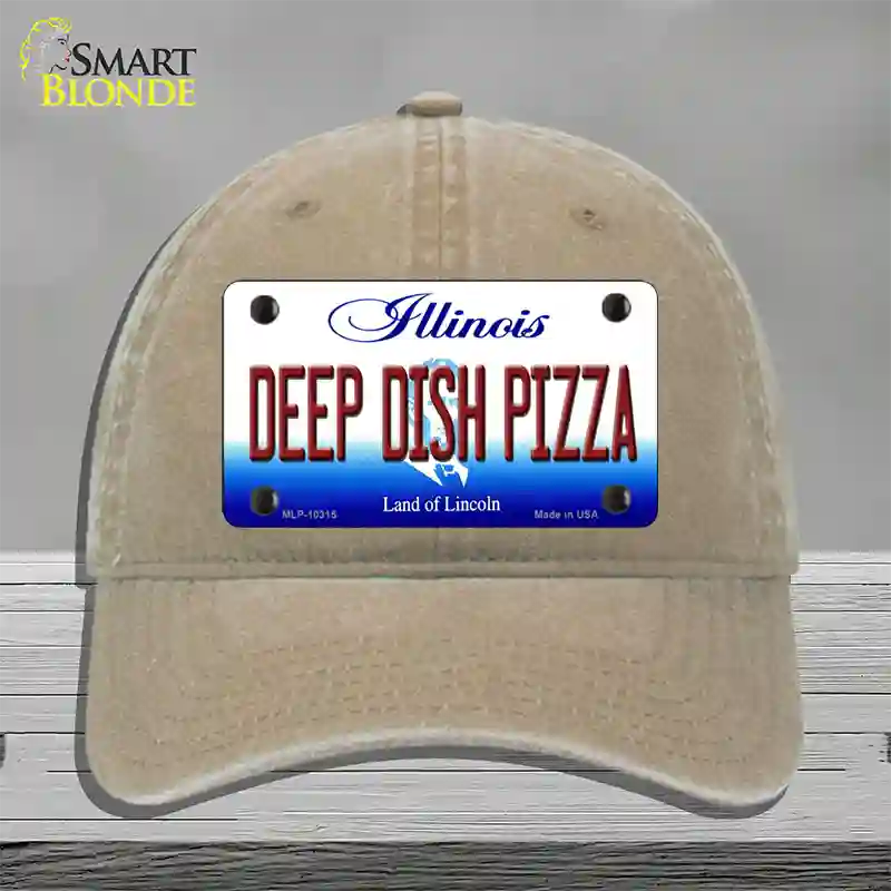 Deep Dish Pizza Illinois Novelty License Plate Hat Unconstructed Cotton / Khaki