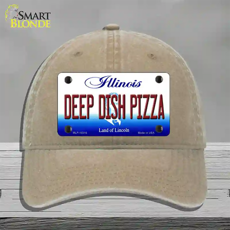 Deep Dish Pizza Illinois Novelty License Plate Hat Unconstructed Cotton / Khaki