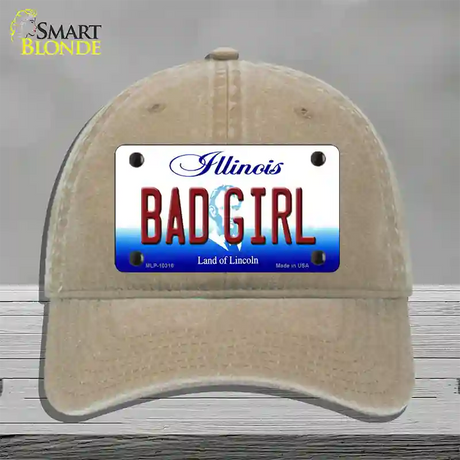 Bad Girl Illinois Novelty License Plate Hat Unconstructed Cotton / Khaki