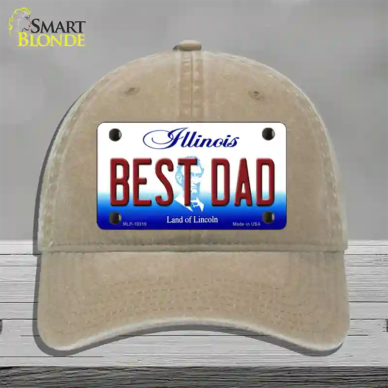 Best Dad Illinois Novelty License Plate Hat Unconstructed Cotton / Khaki