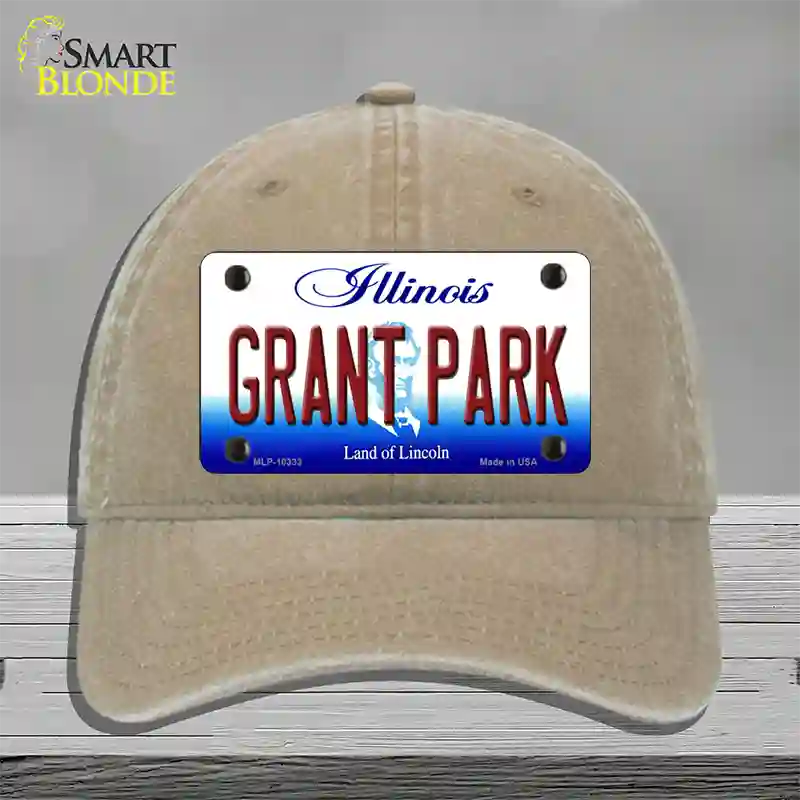 Grant Park Illinois Novelty License Plate Hat Unconstructed Cotton / Khaki