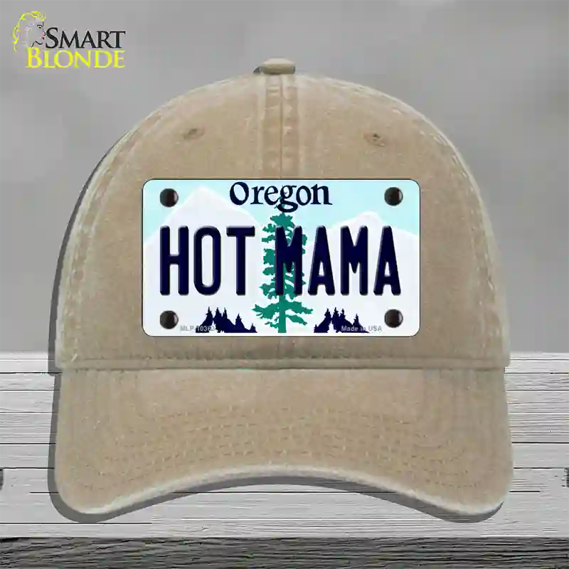 Hot Mama Oregon Novelty License Plate Hat Unconstructed Cotton / Khaki