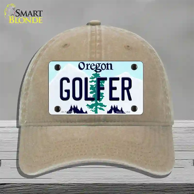 Golfer Oregon Novelty License Plate Hat Unconstructed Cotton / Khaki