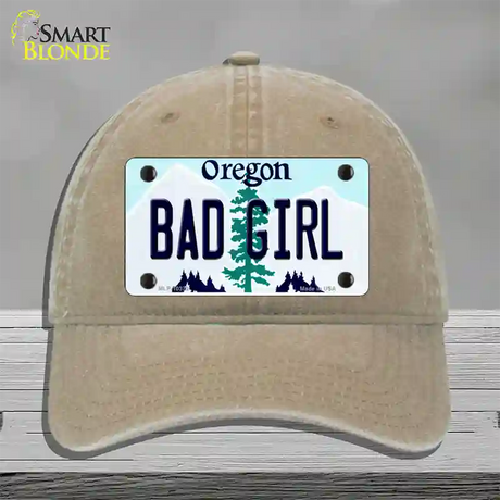 Bad Girl Oregon Novelty License Plate Hat Unconstructed Cotton / Khaki