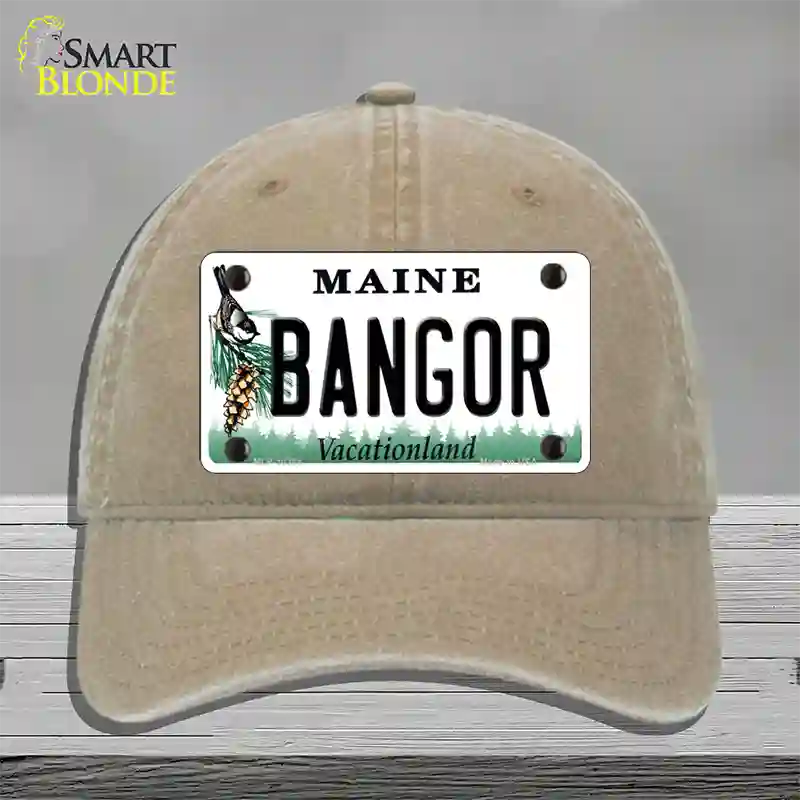 Bangor Maine Novelty License Plate Hat Unconstructed Cotton / Khaki