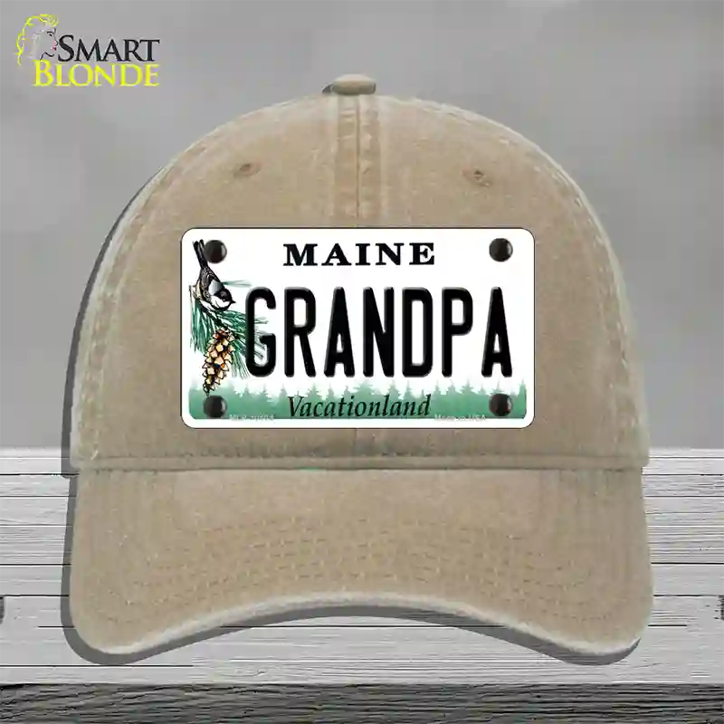 Grandpa Maine Novelty License Plate Hat Unconstructed Cotton / Khaki