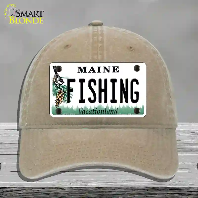 Fishing Maine Novelty License Plate Hat Unconstructed Cotton / Khaki