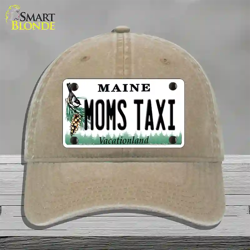 Moms Taxi Maine Novelty License Plate Hat Unconstructed Cotton / Khaki