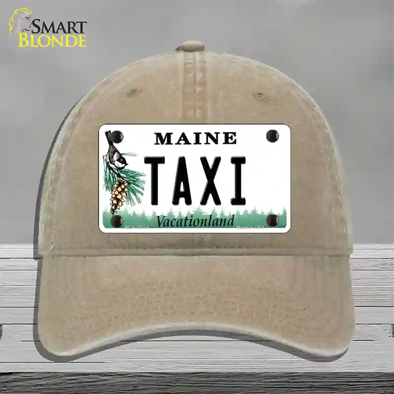 Taxi Maine Novelty License Plate Hat Unconstructed Cotton / Khaki