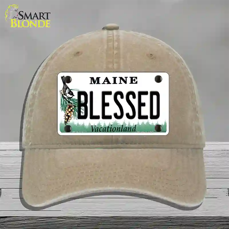 Blessed Maine Novelty License Plate Hat Unconstructed Cotton / Khaki