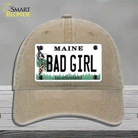 Bad Girl Maine Novelty License Plate Hat Unconstructed Cotton / Khaki