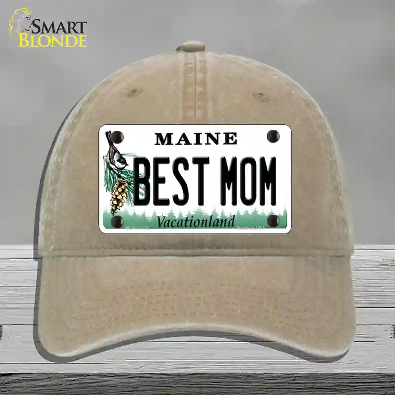 Best Mom Maine Novelty License Plate Hat Unconstructed Cotton / Khaki