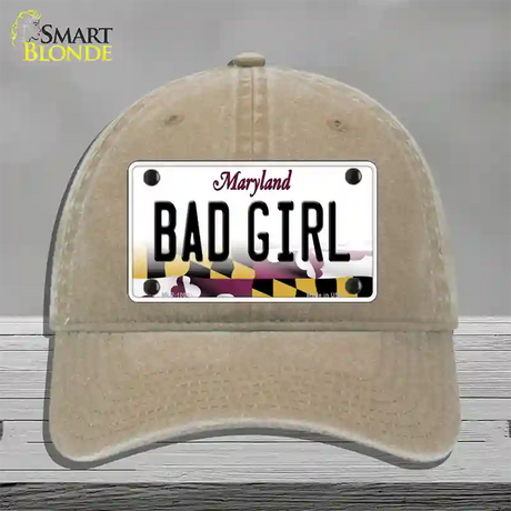 Bad Girl Maryland Novelty License Plate Hat Unconstructed Cotton / Khaki