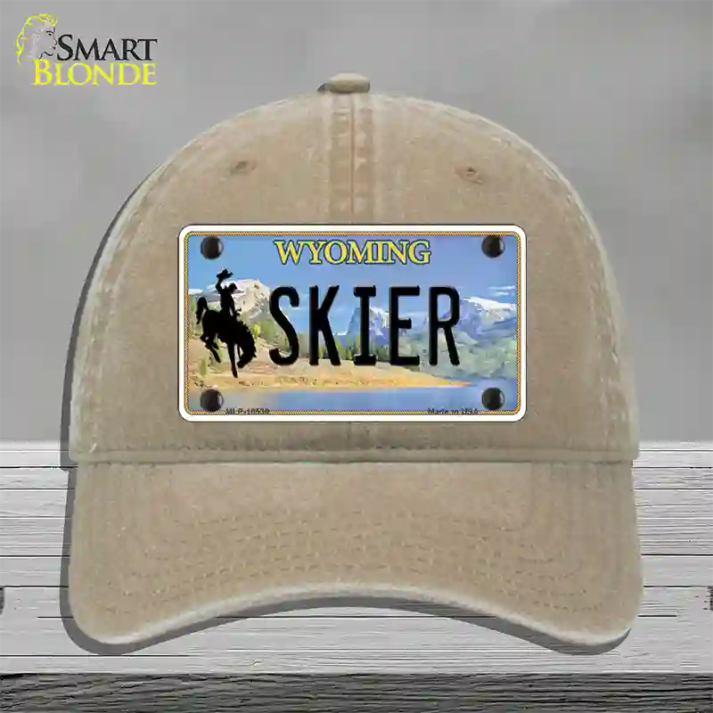 Skier Wyoming Novelty License Plate Hat Unconstructed Cotton / Khaki