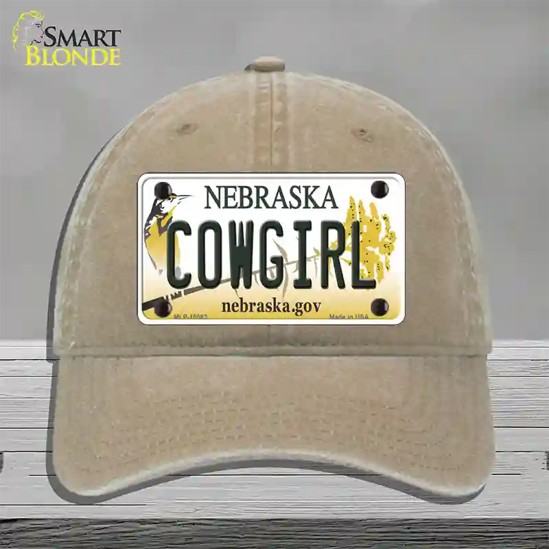 Cowgirl Nebraska Novelty License Plate Hat Unconstructed Cotton / Khaki