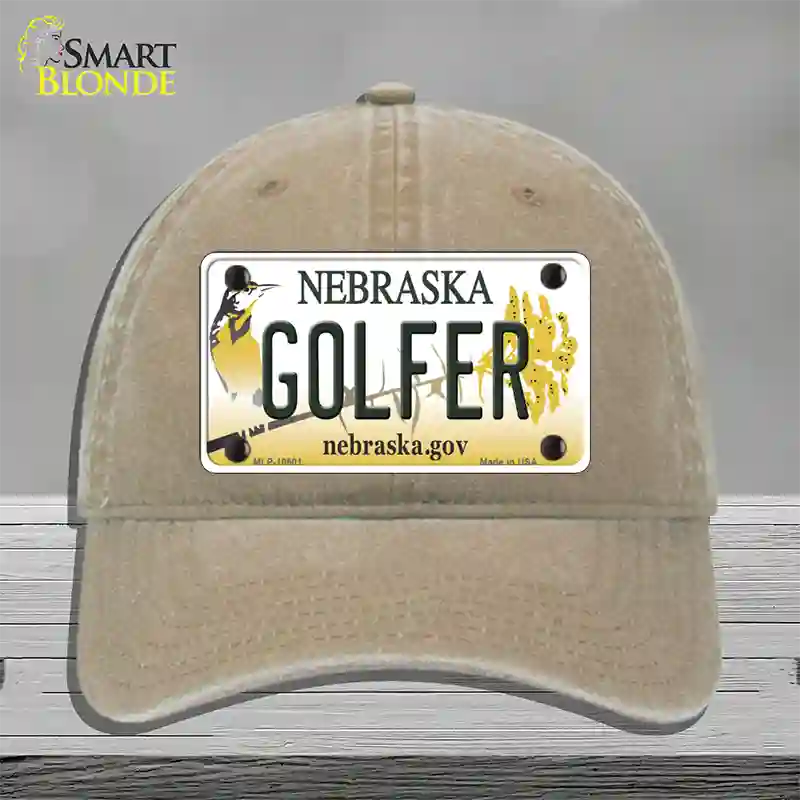 Golfer Nebraska Novelty License Plate Hat Unconstructed Cotton / Khaki