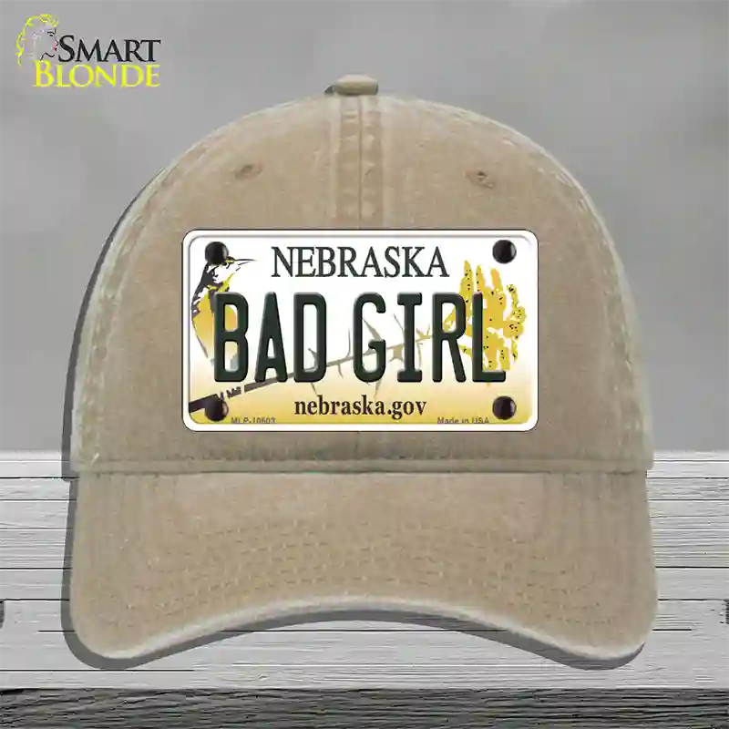 Bad Girl Nebraska Novelty License Plate Hat Unconstructed Cotton / Khaki