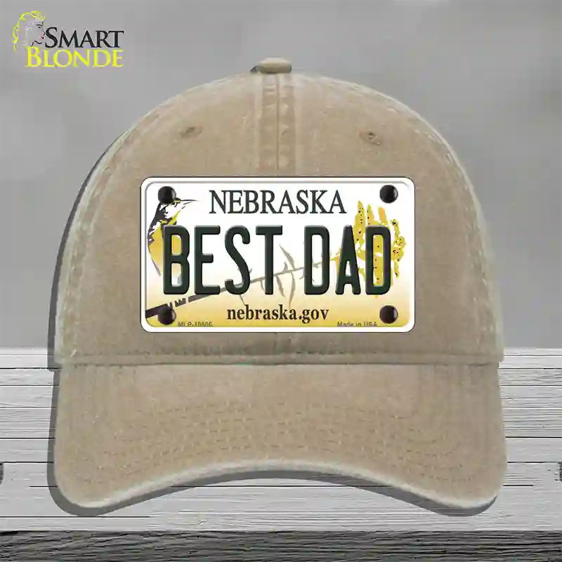 Best Dad Nebraska Novelty License Plate Hat Unconstructed Cotton / Khaki