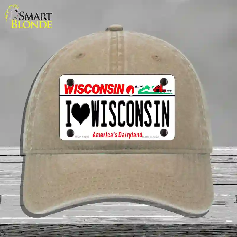 I Love Wisconsin Novelty License Plate Hat Unconstructed Cotton / Khaki