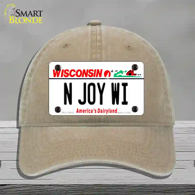 N Joy WI Wisconsin Novelty License Plate Hat Unconstructed Cotton / Khaki