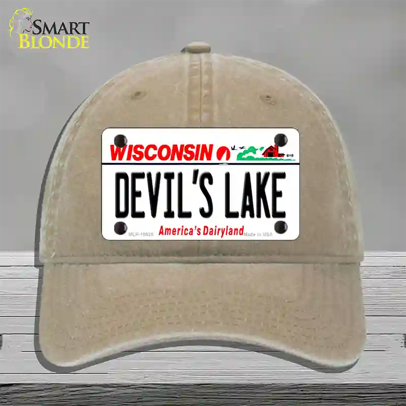 Devils Lake Wisconsin Novelty License Plate Hat Unconstructed Cotton / Khaki