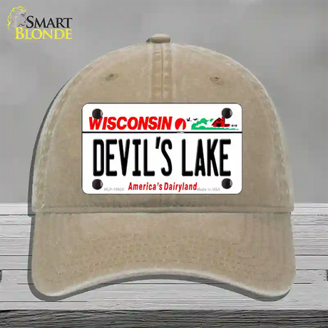 Devils Lake Wisconsin Novelty License Plate Hat Unconstructed Cotton / Khaki