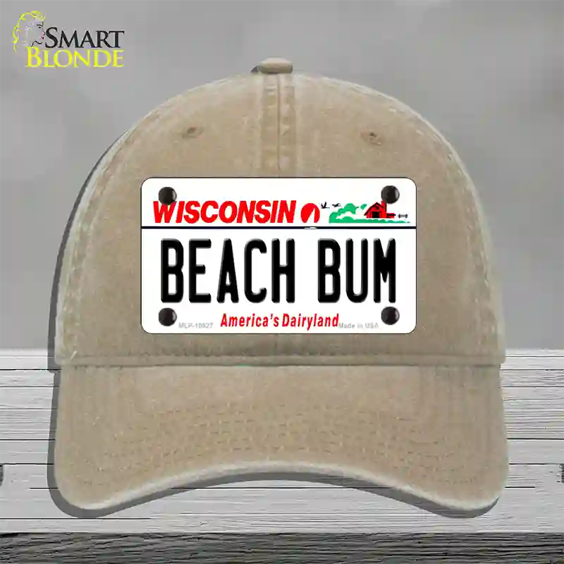 Beach Bum Wisconsin Novelty License Plate Hat Unconstructed Cotton / Khaki