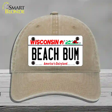 Beach Bum Wisconsin Novelty License Plate Hat Unconstructed Cotton / Khaki