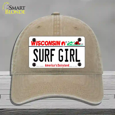 Surf Girl Wisconsin Novelty License Plate Hat Unconstructed Cotton / Khaki