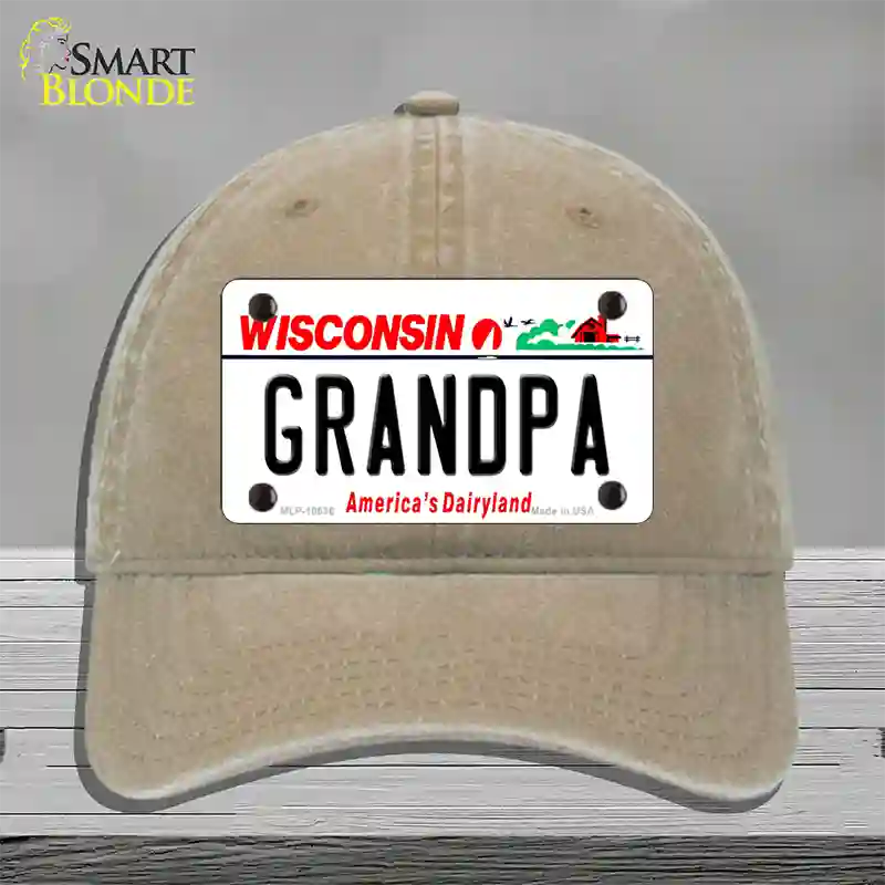 Grandpa Wisconsin Novelty License Plate Hat Unconstructed Cotton / Khaki