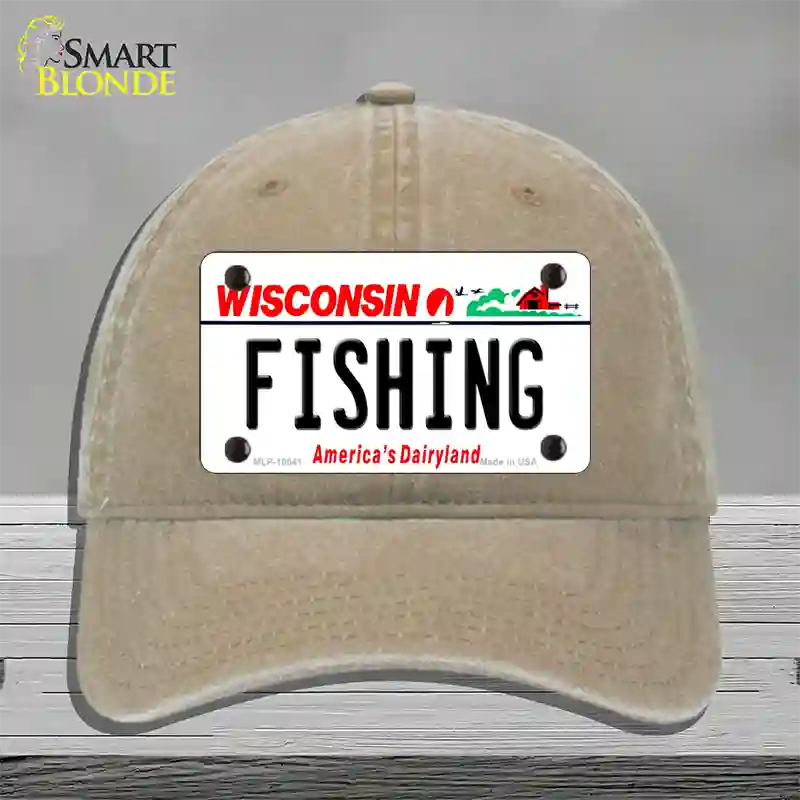 Fishing Wisconsin Novelty License Plate Hat Unconstructed Cotton / Khaki