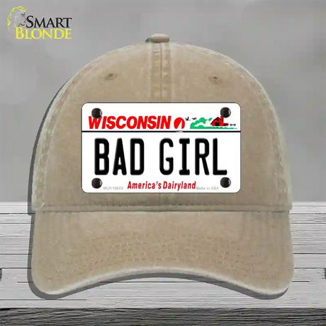 Bad Girl Wisconsin Novelty License Plate Hat Unconstructed Cotton / Khaki