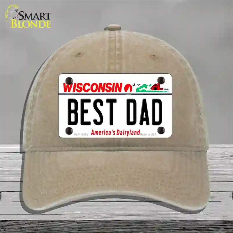 Best Dad Wisconsin Novelty License Plate Hat Unconstructed Cotton / Khaki