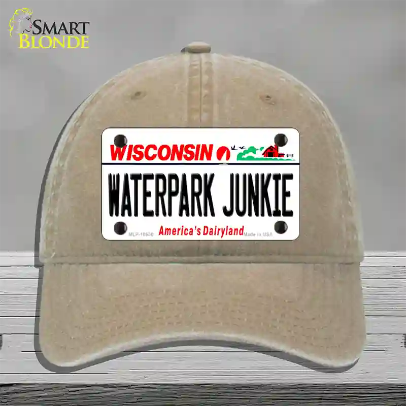 Waterpark Junkie Wisconsin Novelty License Plate Hat Unconstructed Cotton / Khaki