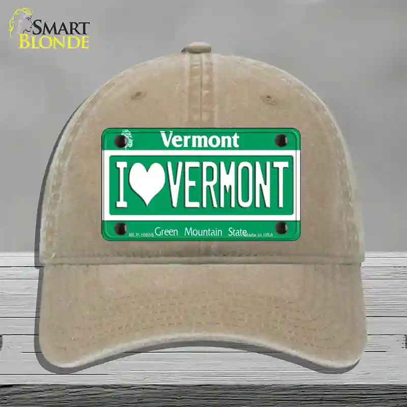 I Love Vermont Novelty License Plate Hat Unconstructed Cotton / Khaki