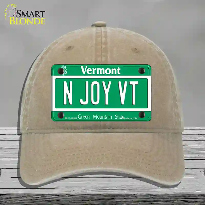 N Joy VT Vermont Novelty License Plate Hat Unconstructed Cotton / Khaki