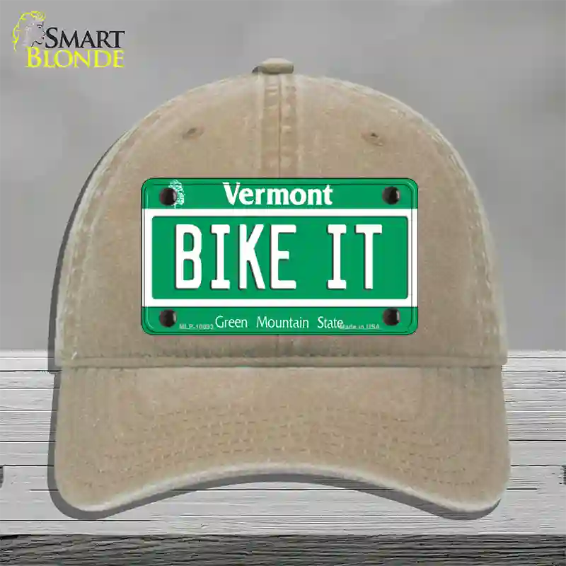 Bike It Vermont Novelty License Plate Hat Unconstructed Cotton / Khaki