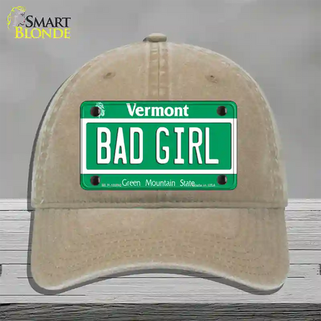 Bad Girl Vermont Novelty License Plate Hat Unconstructed Cotton / Khaki