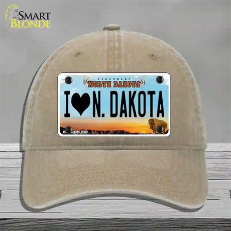 I Love North Dakota Novelty License Plate Hat Unconstructed Cotton / Khaki