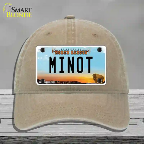 Minot North Dakota Novelty License Plate Hat Unconstructed Cotton / Khaki