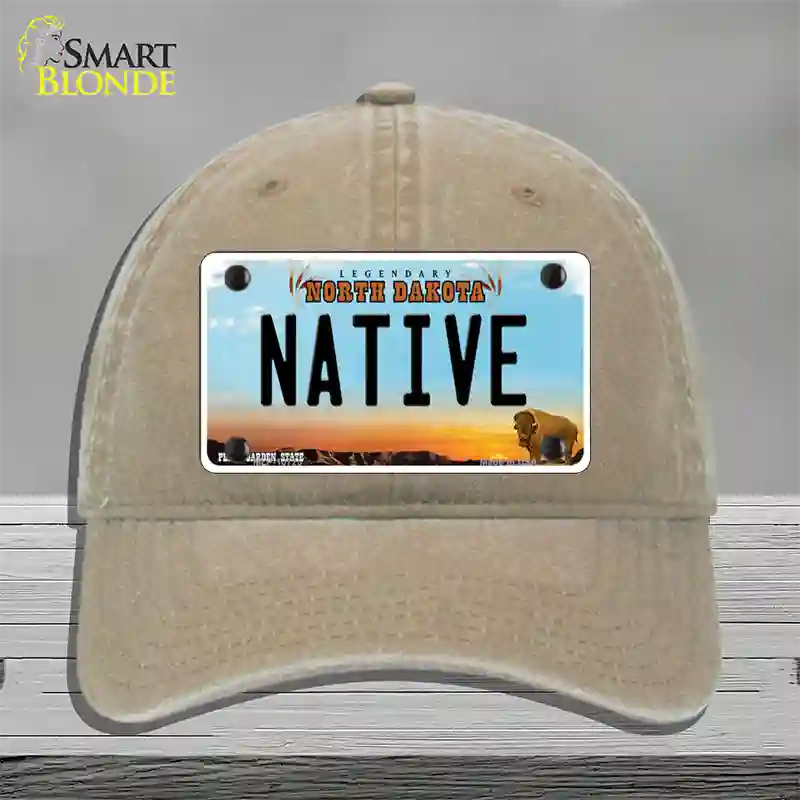 Native North Dakota Novelty License Plate Hat Unconstructed Cotton / Khaki