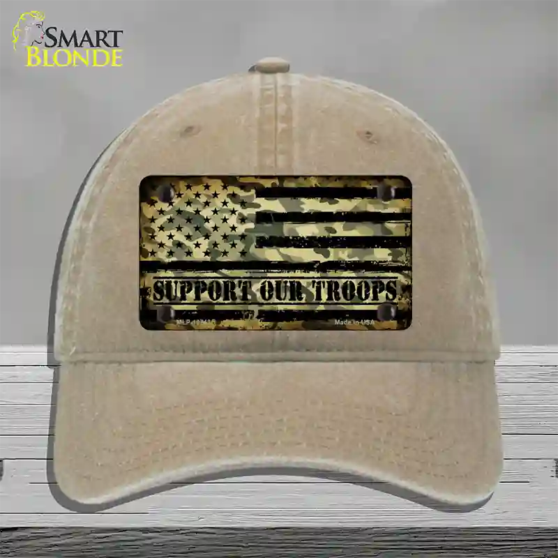 Camo American Flag Support Troops Novelty License Plate Hat Unconstructed Cotton / Khaki