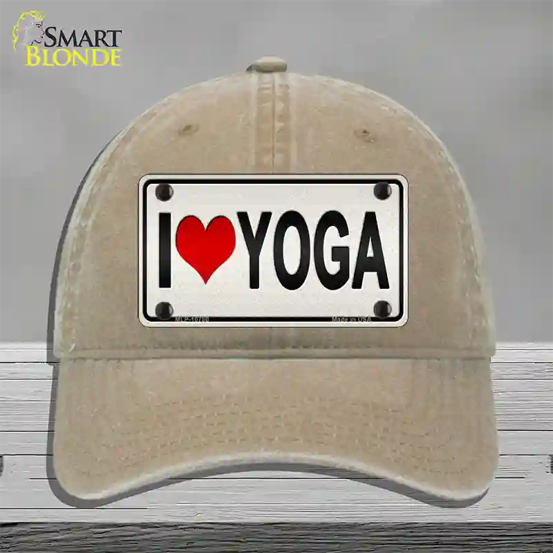 I Love Yoga Silver Novelty License Plate Hat Unconstructed Cotton / Khaki