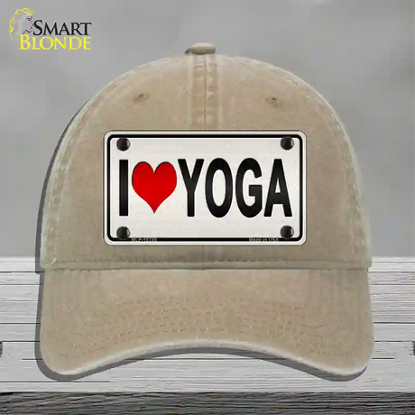 I Love Yoga Silver Novelty License Plate Hat Unconstructed Cotton / Khaki