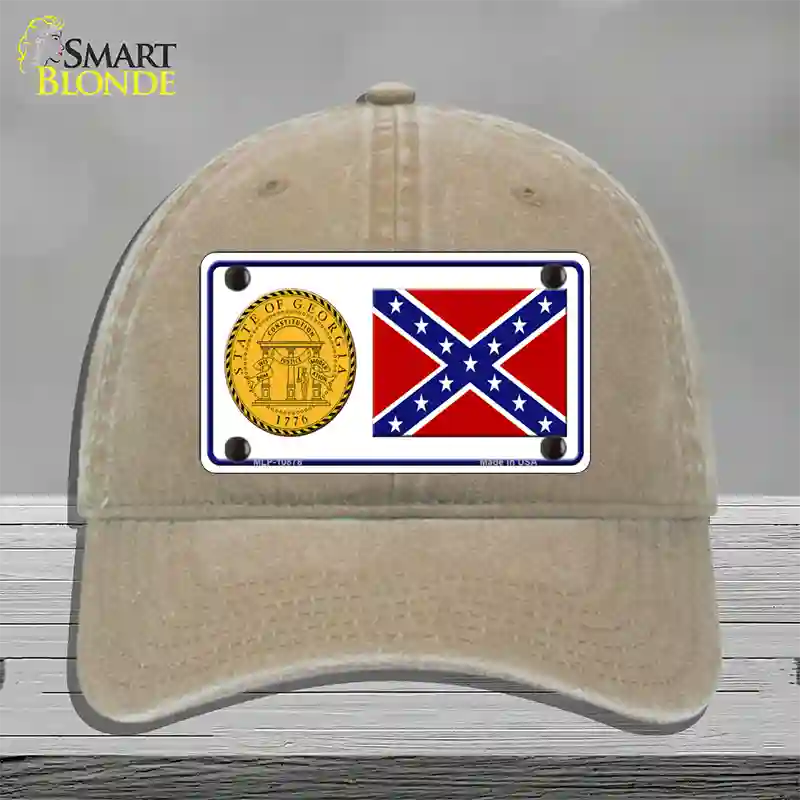 Confederate Flag Georgia Seal Novelty License Plate Hat Unconstructed Cotton / Khaki