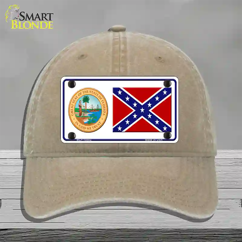 Confederate Flag Florida Seal Novelty License Plate Hat Unconstructed Cotton / Khaki