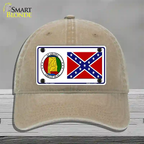 Confederate Flag Alabama Seal Novelty License Plate Hat Unconstructed Cotton / Khaki