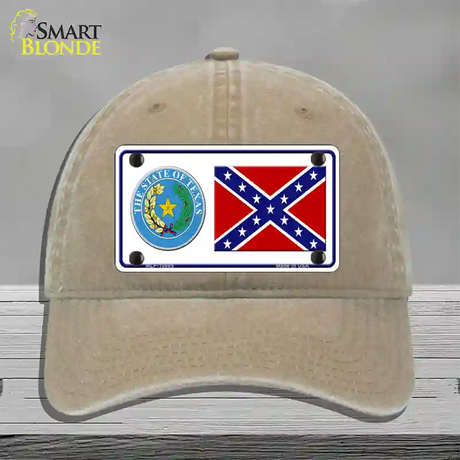 Confederate Flag Texas Seal Novelty License Plate Hat Unconstructed Cotton / Khaki