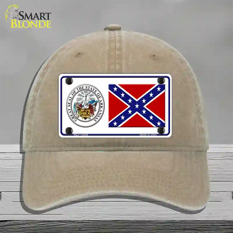 Confederate Flag Arkansas Seal Novelty License Plate Hat Unconstructed Cotton / Khaki